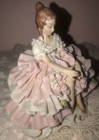 Antique DRESDEN Porcelain BALLERINA Lady FIGURINE White Pink Draped LACE Germany 4
