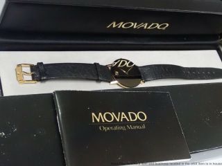 1990s Movado 87 - 40 - 882 Vintage Gold Black Mirror Finish Round Thin Mens Watch 11