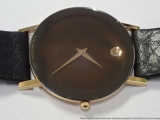 1990s Movado 87 - 40 - 882 Vintage Gold Black Mirror Finish Round Thin Mens Watch 5