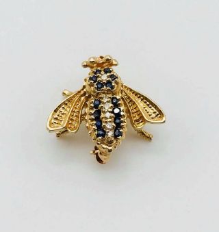 Gorgeous Vintage Solid 14k Yellow Gold Sapphire and Diamond Bee Pin Brooch 5