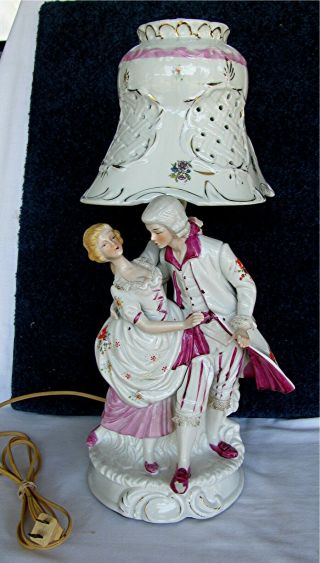 19  Porcelain Electric Table Lamp With Victorian Dressed Man & Woman Dancing
