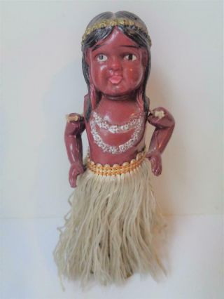 Antique Celluloid Windup Toy Native Hawaiian Doll Hawaii Hula Girl Grass Skirt