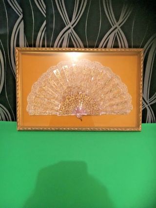 Antique Lace Fan & Pink Mother Of Pearl Sticks With A Gold Inlay & Enamel - Rare