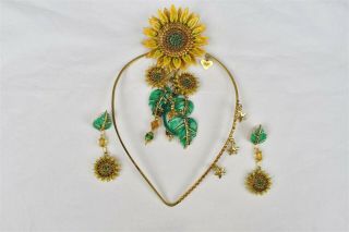 Lunch At The Ritz Sunflower Necklace Pin Pendant Brooch Earring Jewelry Set Of 3