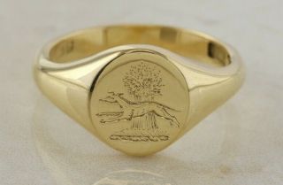 Vintage 9ct Yellow Gold Greyhound & Wheat Sheaf Oval Signet Ring Size N