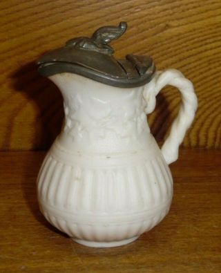 Antique Small Porcelain Syrup Pitcher W/ Pewter Lid (lid Is Broken) - 3 1/8 "