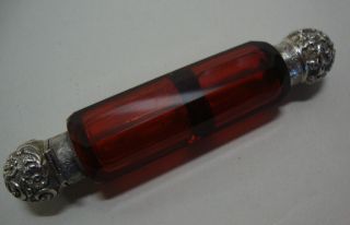 Antique Cranberry Glass Double Ended Scent Bottle Unmarked Silver Ends
