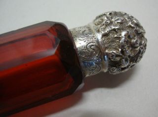Antique cranberry glass double ended scent bottle unmarked silver ends 3