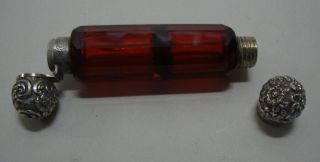 Antique cranberry glass double ended scent bottle unmarked silver ends 4