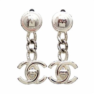 Authentic Vintage Chanel Earrings Turnlock Cc Logo Dangle Silver Color Ea2527
