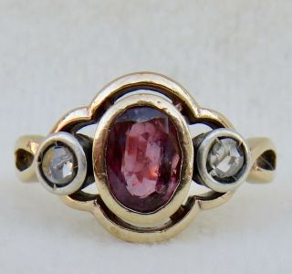 Antique Victorian Rose Cut Diamond & Ruby Solid 12k Gold Three 3 Stone Ring