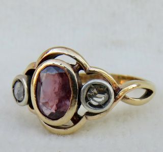 ANTIQUE VICTORIAN ROSE CUT DIAMOND & RUBY SOLID 12K GOLD THREE 3 STONE RING 3