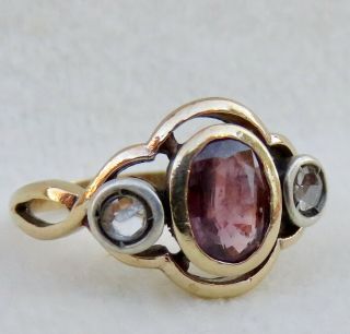 ANTIQUE VICTORIAN ROSE CUT DIAMOND & RUBY SOLID 12K GOLD THREE 3 STONE RING 5