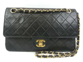 Rk1469 Auth Chanel Vintage Black Lambskin Cc Lock Double Flap Chain Shoulder Bag