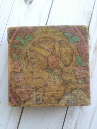 Vintage Hinged Wood Box With Carving Of Lady On Lid