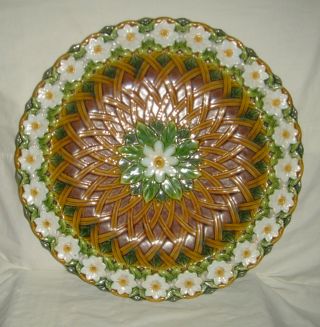 STUNNING ANTIQUE MINTON MAJOLICA LARGE DAISY TRELLIS PATTERN CHARGER / STAND 3