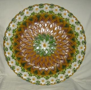 STUNNING ANTIQUE MINTON MAJOLICA LARGE DAISY TRELLIS PATTERN CHARGER / STAND 4