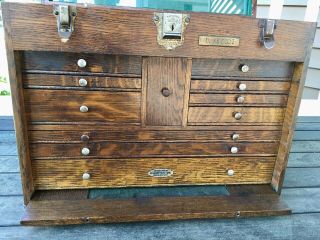 VINTAGE OAK GERSTNER MACHINIST CHEST Box Cabinet 11 Drawers,  Key, 2