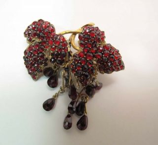 Drippy Antique Victorian Rose & Pear Cut Bohemian Garnet Fringed Brooch / Pin