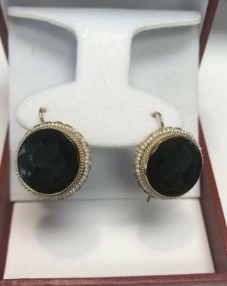 Vintage 14k Yellow Gold Art Deco Onyx Intaglio And Seed Pearls Earrings