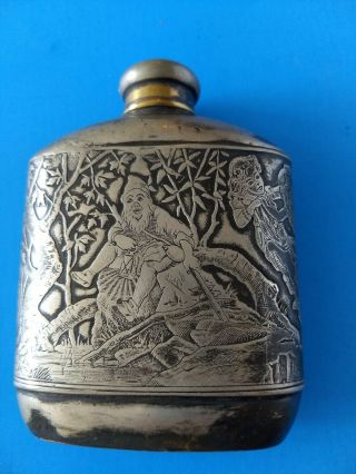 Rare ROGERS SMITH & CO Meriden CT quadruple silver Gnome wizard fairies FLASK 2