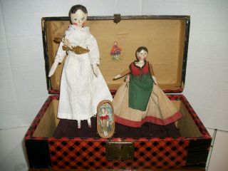 Antique German 3 1890/1900 Grodnertal Wooden Dolls Dressed W/ Antique Trunk