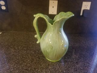 Vintage Green Iridescent Drip Pitcher Glazed Ceramic 10 " Marked