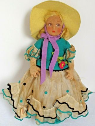 Antique Lenci Doll All Organdy Dress Brimmed Hat And Tags.