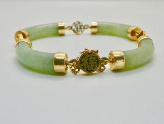 Vintage 14k Gold Green Jade Bracelet 26 Grams 7 "