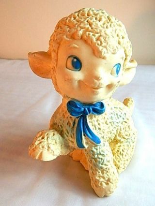 Vintage Mid Century Rubber Baby Boy Lamb Retro Squeak Soft Noise Toy Blue Bow