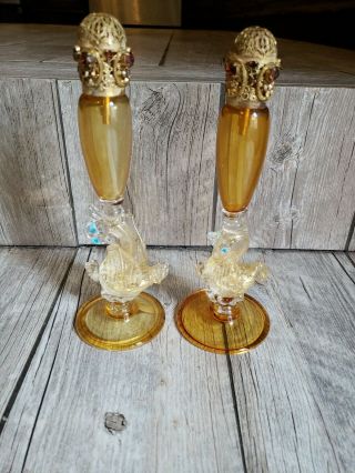 64 Vintage Antique Murano Gold Spec Glass Perfume Bottle Decanter Pair Duck.