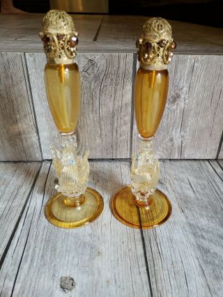 64 Vintage Antique Murano Gold Spec Glass Perfume bottle Decanter Pair Duck. 2