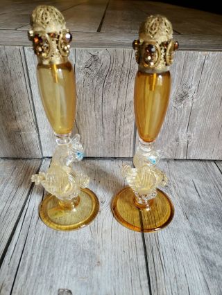 64 Vintage Antique Murano Gold Spec Glass Perfume bottle Decanter Pair Duck. 3