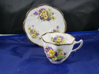 Rosina English Bone China Teacup And Saucer Purple & Yellow Violets