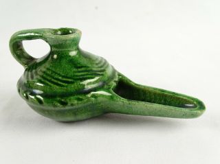 Antique 19th Century Persian Pashan Green Glaze Oil Lamp With Restorations