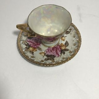 Vtg Royal Sealy China Pink Roses Tea Cup & Reticulated Saucer Lustreware Japan