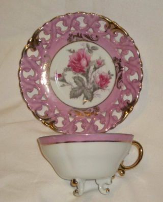 Vintage Royal Sealy China Footed Tea Cup & Lattice Saucer Set Pink Roses
