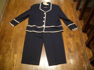 Vintage St John Navy White Trim Santana Knit Cardigan Jacket/pants Set Sz 14/12