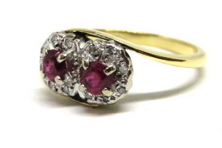 18ct Yellow Gold Ruby And Diamond Double Cluster Ring Size M Vintage