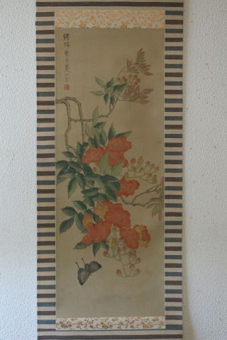 T04E9 Gorgeous Flower & Butterfly Japanese Hanging Scroll 3