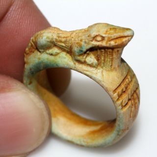 Perfect - Rare Vintage Massive Egyptian Glazed Ring With Crocodile On The Top