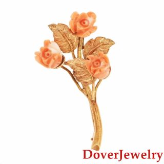 Vintage Carved Coral 14k Yellow Gold Floral Rose Engraved Pin 7.  4 Grams Nr