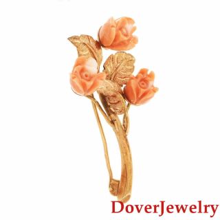 Vintage Carved Coral 14K Yellow Gold Floral Rose Engraved Pin 7.  4 Grams NR 2