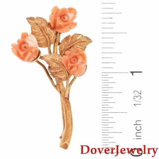 Vintage Carved Coral 14K Yellow Gold Floral Rose Engraved Pin 7.  4 Grams NR 4