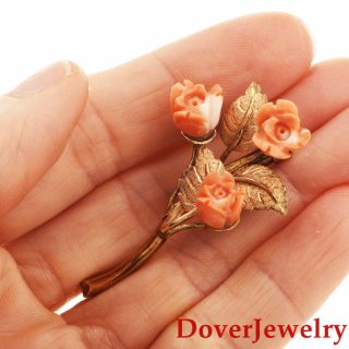 Vintage Carved Coral 14K Yellow Gold Floral Rose Engraved Pin 7.  4 Grams NR 5