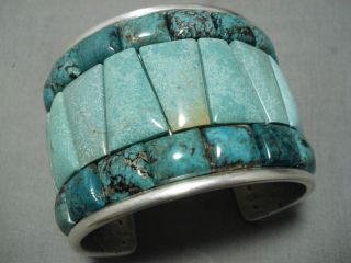 One Of The Biggest Vintage Navajo Inlay Turquoise Sterling Silver Bracelet Old