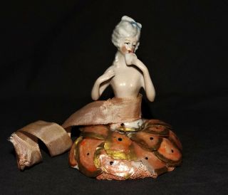 Antique German Porcelain Powder Puff Holder Sea Shells Vintage Lovely Half Doll