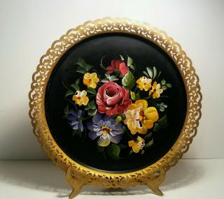 Vintage Hand Painted Nashco York Tole Tray,  With Brass Lace Edge