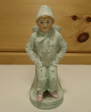 Antique Bisque Porcelain Match Holder Figurine W/ Striker German Boy W/ Basket