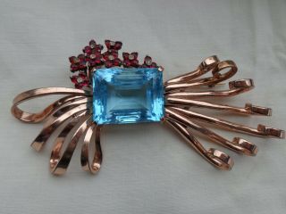 Huge Vintage Art Deco Signed Pennino Sterling Aqua Ruby Crystal Rhinestone Pin